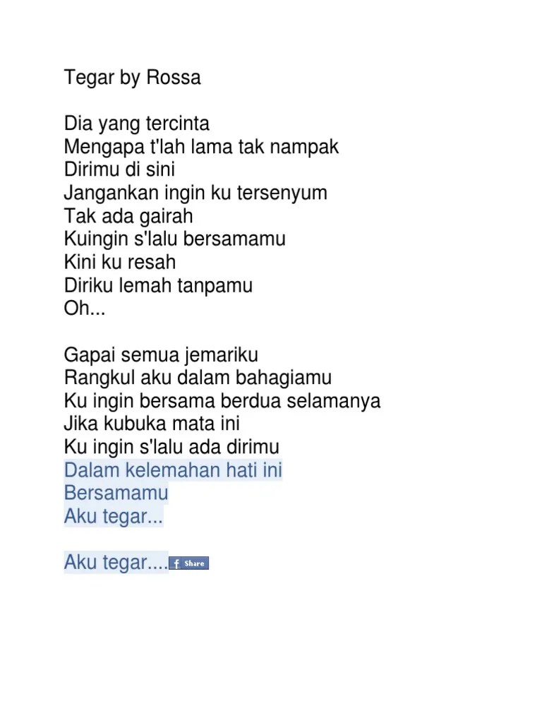 Mengapa t'lah lama tak nampak. Tegar By Rossa Pdf