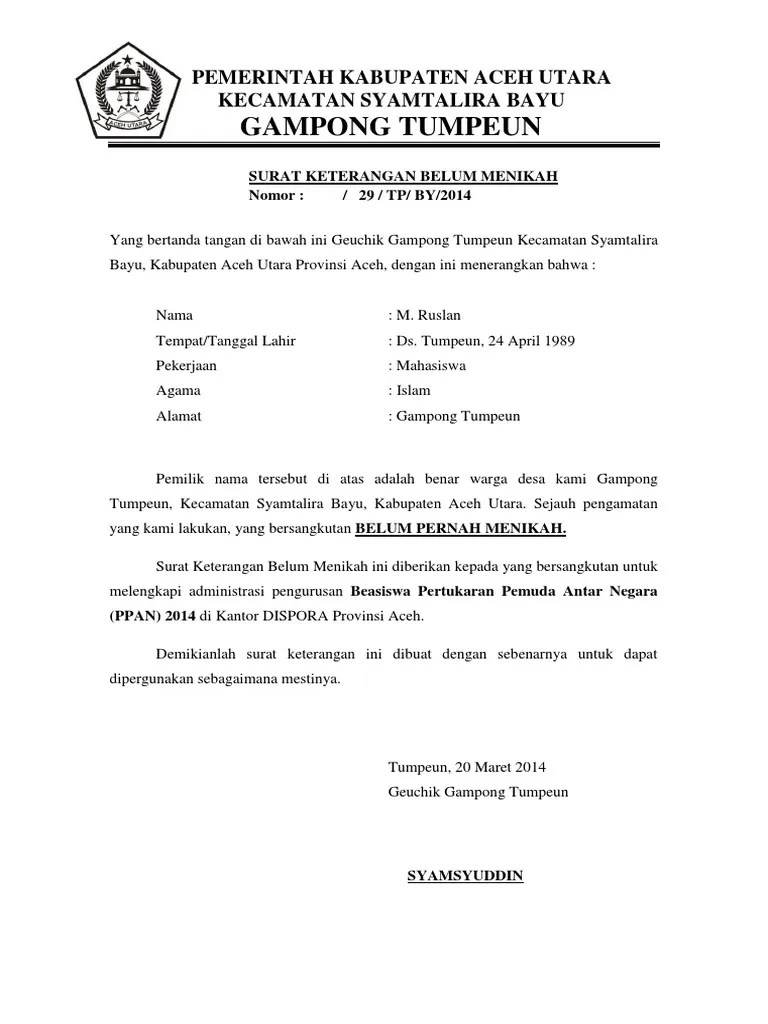 Surat Keterangan Belum Menikah Dari Kepala Desa Kumpulan Surat Penting 