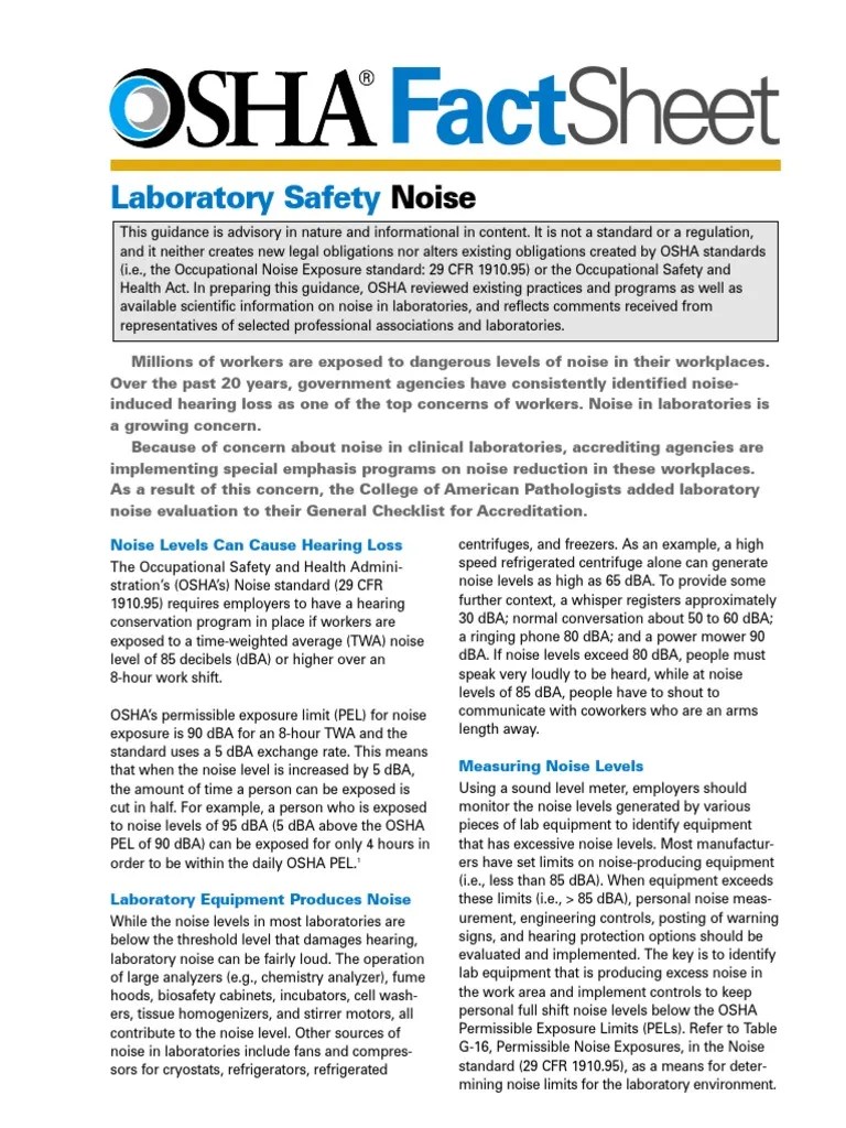 OSHA Factsheet Laboratory Safety Noise | PDF | Noise | Occupational Safety And Health Administration