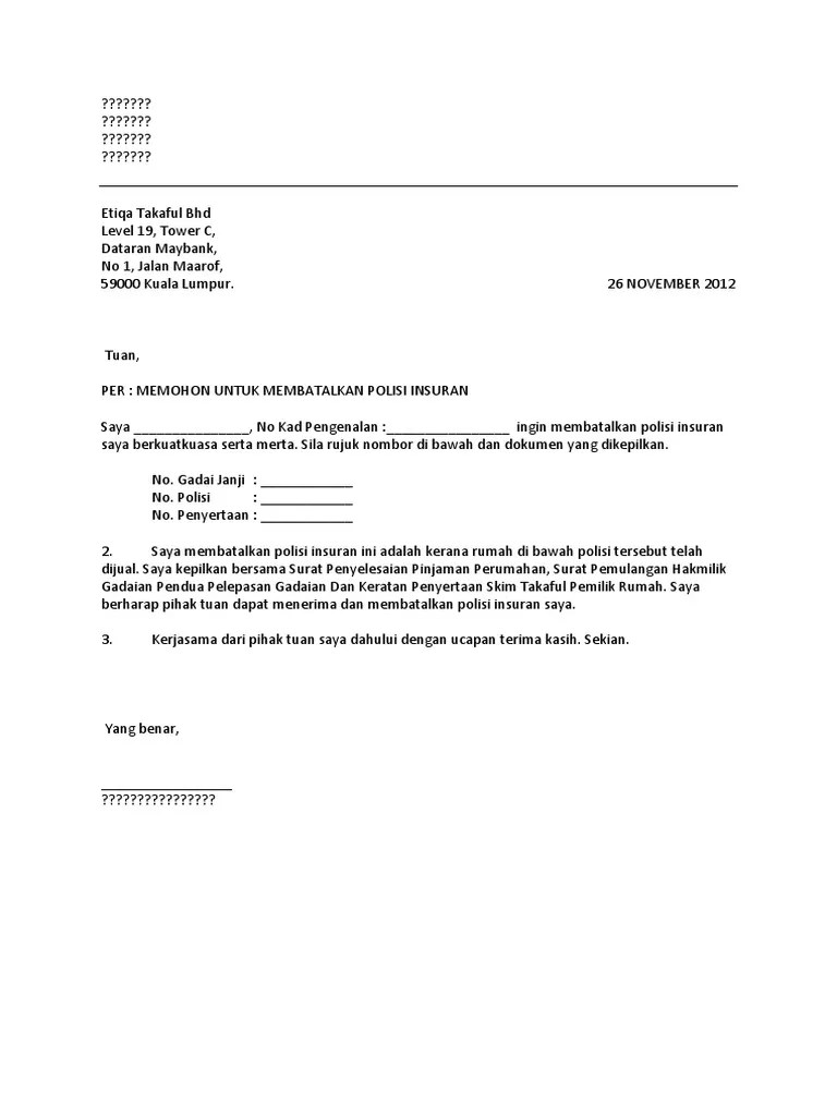 Contoh Surat Pembatalan Polisi Insurans Chubb : 2