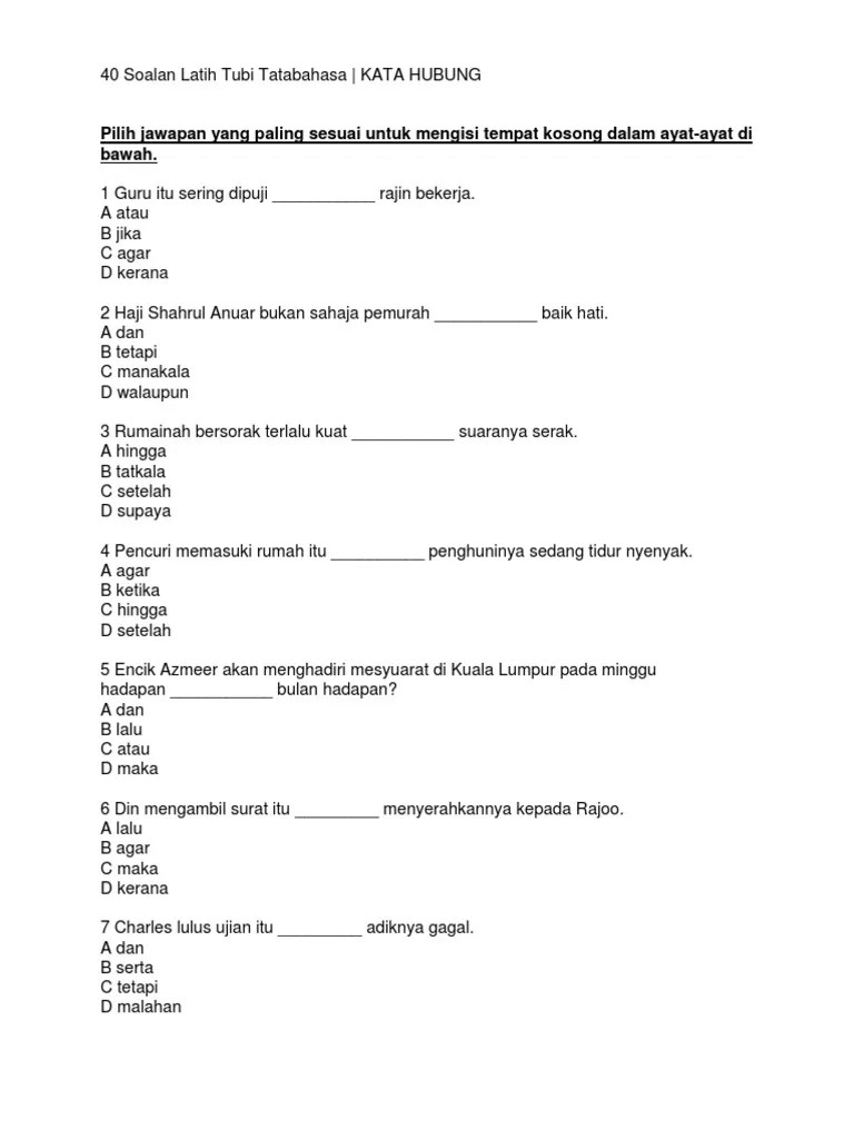 Menjawab soalan yang diberikan oleh cikgu wong. 40 Soalan Latih Tubi Tatabahasa Kata Hubung Pmr Pdf