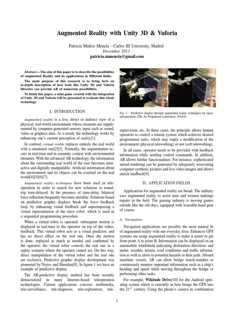 Exploring The Use Of Unity 3D And Vuforia For Augmented Reality ...