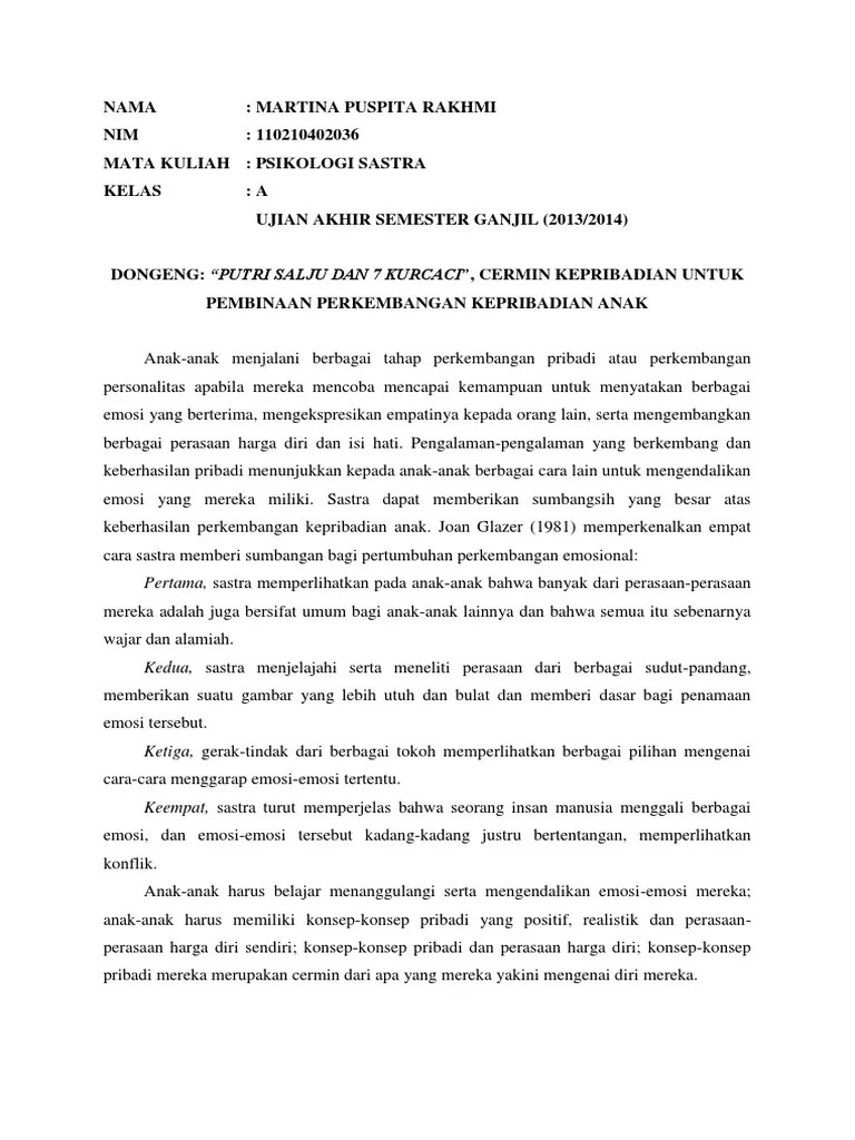 Dongeng: &ldquo;Putri Salju Dan 7 Kurcaci&rdquo;, Cermin Kepribadian Untuk Pembinaan  Perkembangan Kepribadian Anak | PDF