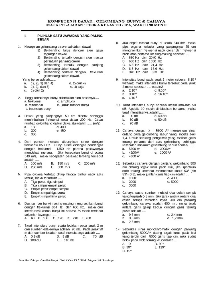 Gelombang bunyi adalah salah satu contoh gelombang longitudinal selain slinky (pegas). Soal Geombang Cahaya Gelombang Bunyi Pdf
