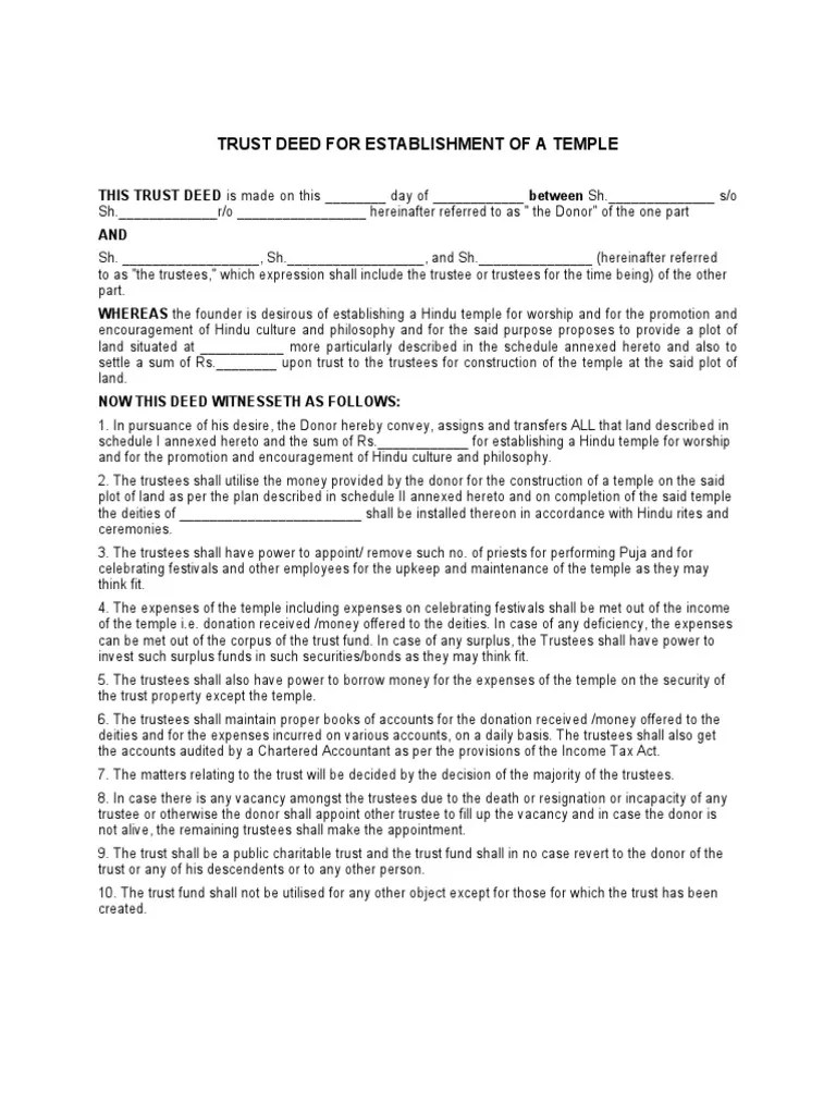 Trust Deed For Establishment Of A Temple | Trust Law | Trustee