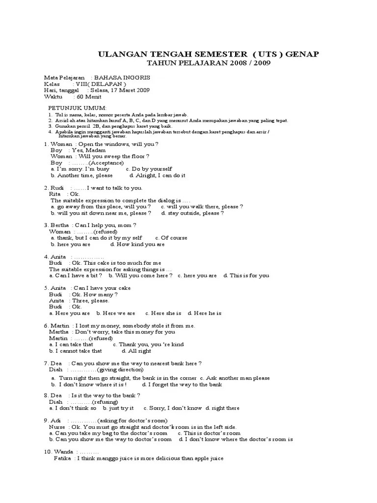 2412020 soal bahasa indonesia kelas 9 by azzahra rahmah posted on january 24 2020 march 31 2020 rumuscoid pada kesempatan kali ini kita akan membahas makalah materi tentang soal bahasa indonesia kelas 9 semester 1 dan 2 lengkap dengan jawabannya langsung … Soal Ulangan Harian Bahasa Indonesia Kelas 8 Semester 1 Mudah