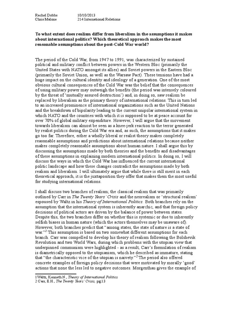 Realism Vs. Liberalism | PDF | International Relations | Global Politics