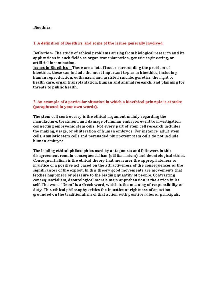 A Definition Of Bioethics, And Some Of The Issues Generally Involved | PDF | Bioethics | Stem Cell