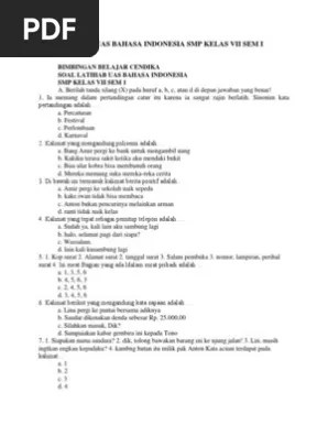 Berikut ini kami bagikan contoh soal pts 1 bahasa indonesia kelas 7 smp mts kurikulum 2013 (k13) tahun pelajaran 2021/2022. Soal Latihan Uas Bahasa Indonesia Smp Kelas Vii Sem I Pdf