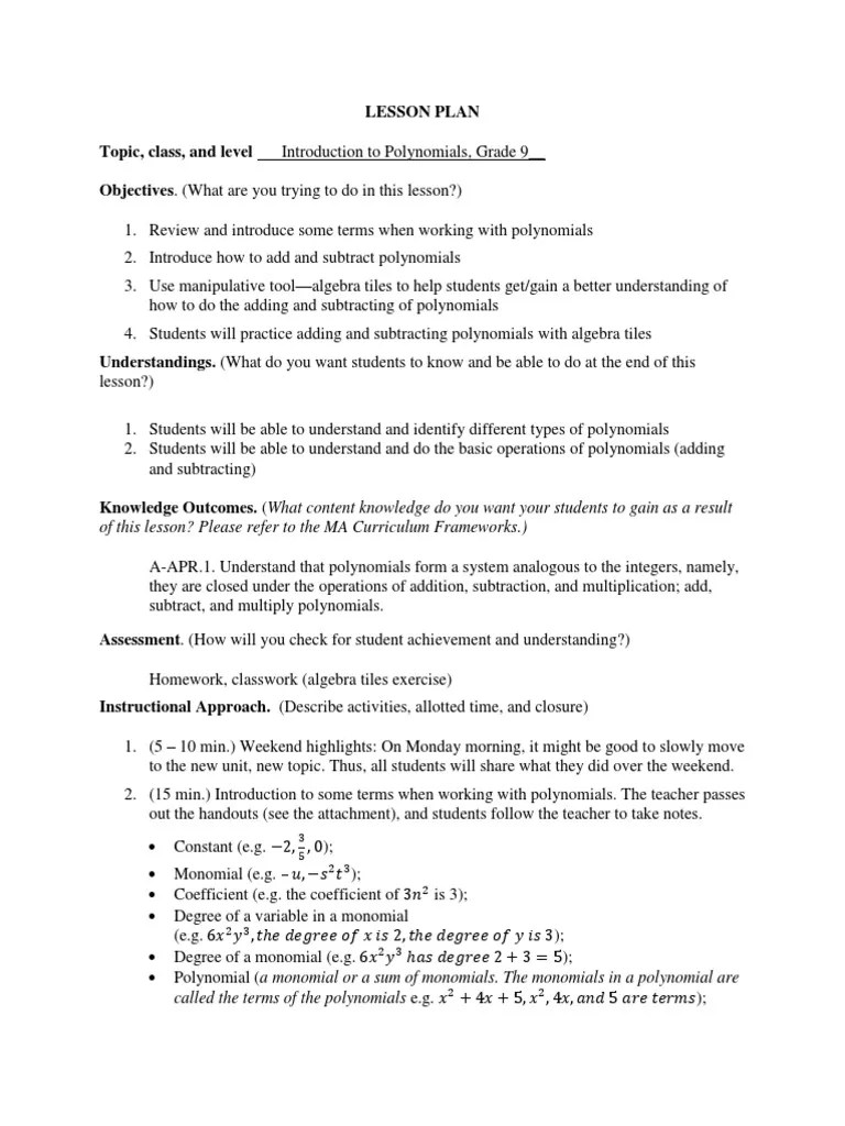 Lesson Plan 1-Intro Polynomials-Revised | PDF | Polynomial ...