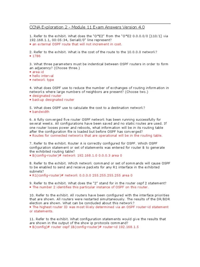 CCNA Exploration 2 - Module 11 Exam Answers Version 4.0 | PDF | Router ...