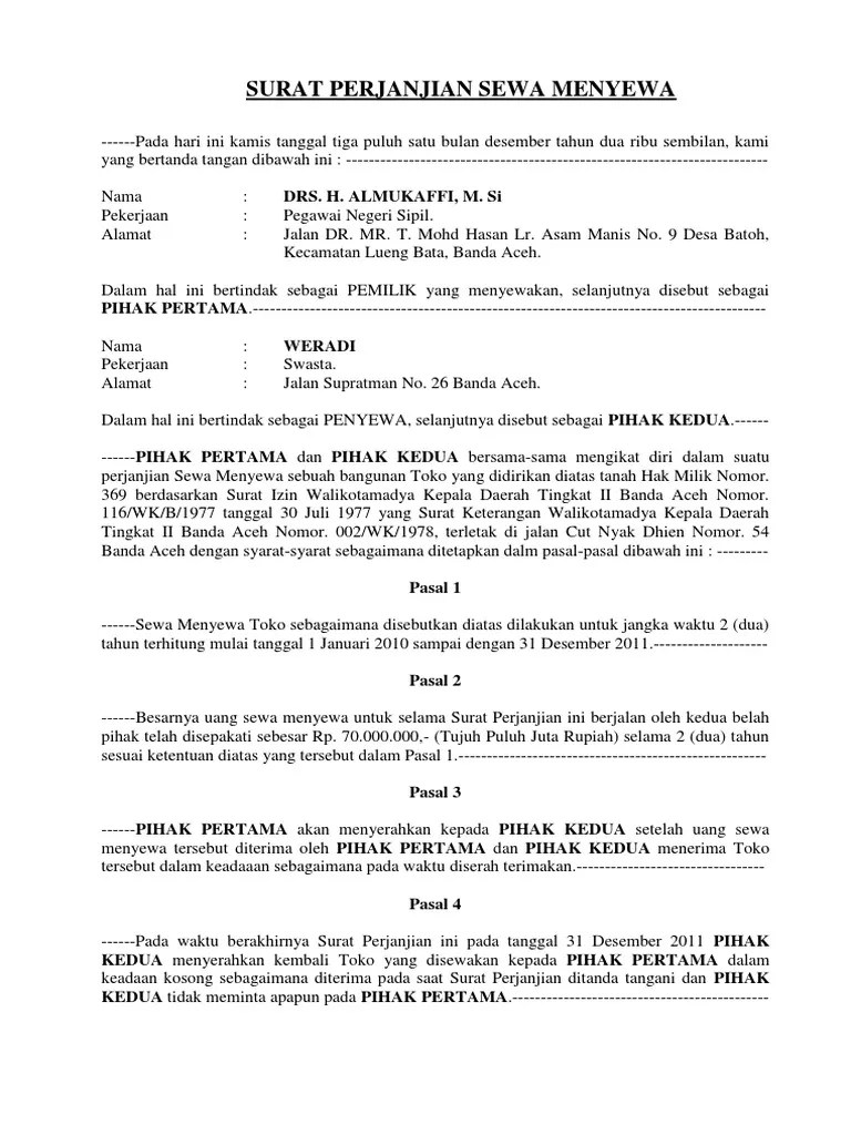 Surat Perjanjian Sewa Kedai / Contoh Surat Perjanjian Perkerjaan Induk