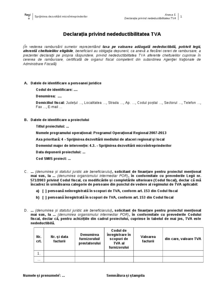 Această declarație voluntară pe propria răspundere le permite producătorilor. Anexa5 Declaratie Nedeductibilitate Tva Cheltuieli Efectuate Pdf