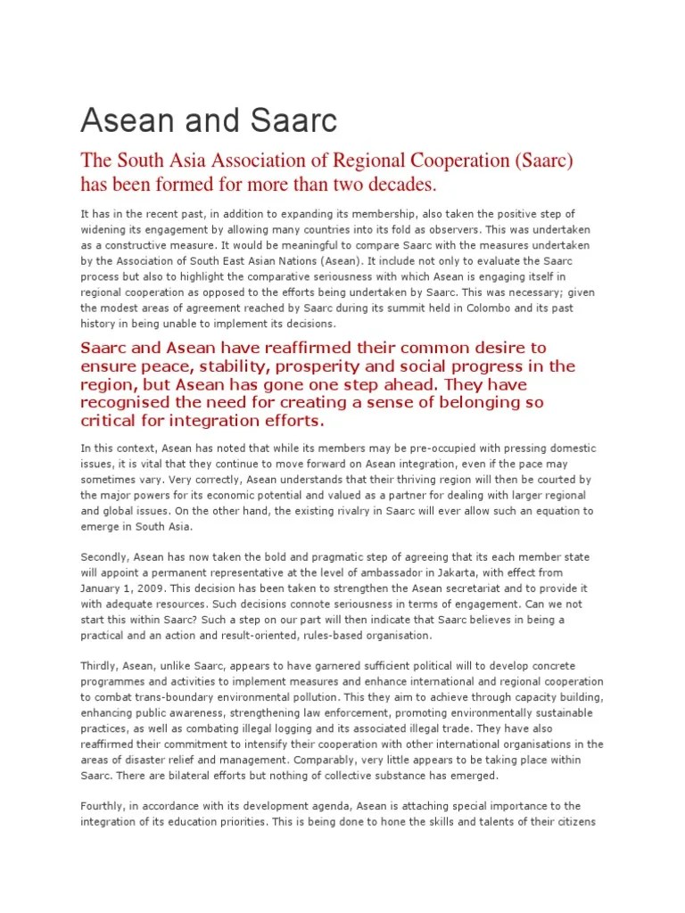 Saarc Vs Asean | PDF | Association Of Southeast Asian Nations | Public ...