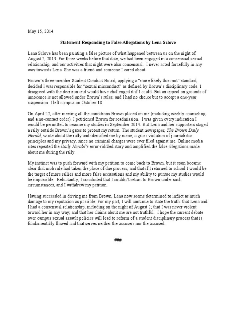 Perjury is committed where a person is proven to have lied in court. Statement Responding to False Allegations by Lena Sclove