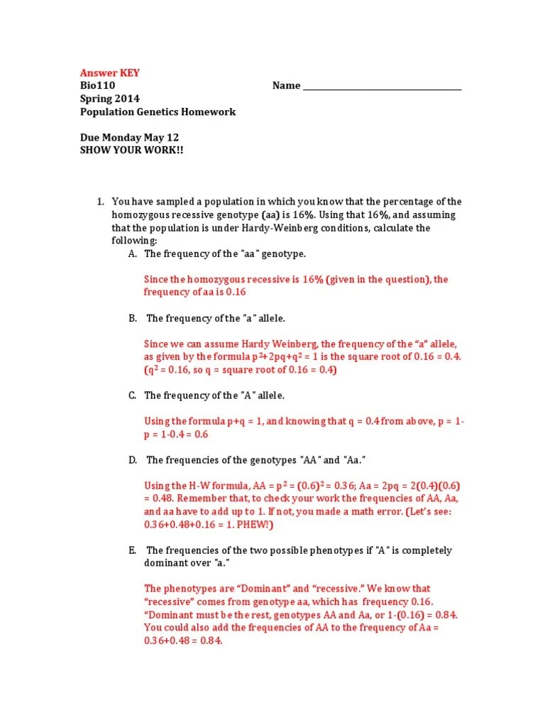 Set the initial percentages of three types of parrots in a population and track changes in genotype and allele. Hardy Weinberg Genetics Take Home Answers Dominance Genetics Allele
