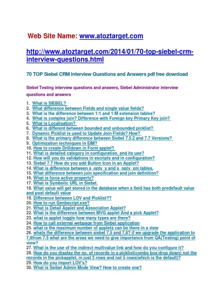 Siebel CRM Interview Questions And Answers | PDF | Table (Database) | Databases