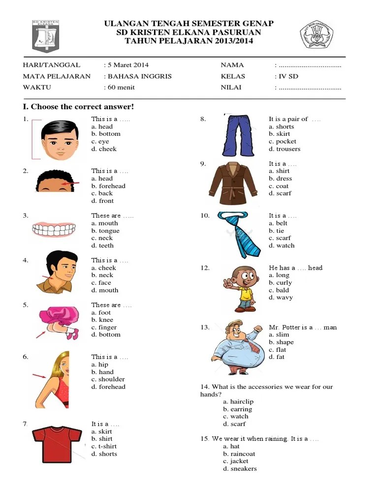 Buku bank soal ulangan sd/mi kelas 4 semester 1 kurikulum 2013 …. Soal Bahasa Inggris Kelas 4 Sd Tentang Clothes