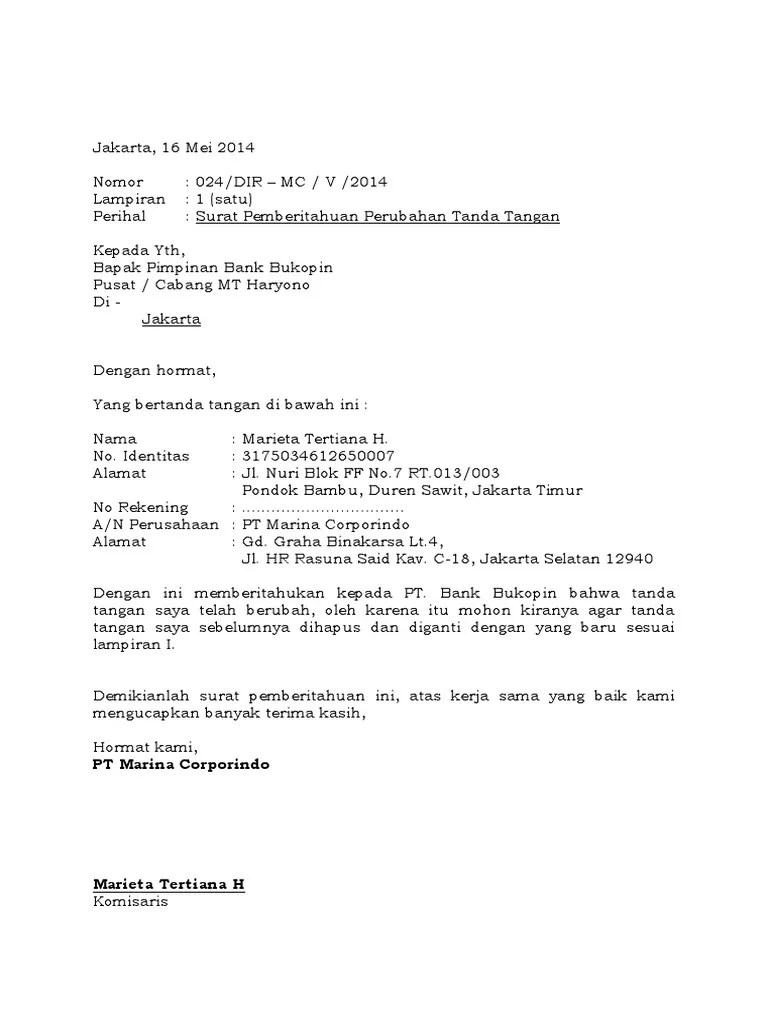 Ada beberapa jenis surat resmi yang masih . 21 Surat Perubahan Spesimen Tanda Tangan Bank Mandiri Info Dana Tunai
