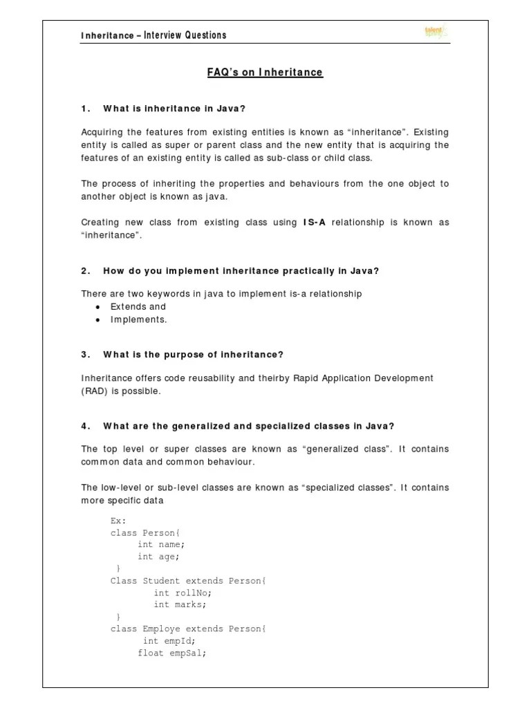 What Is Inheritance In Java?: - Interview Questions | PDF | Method ...