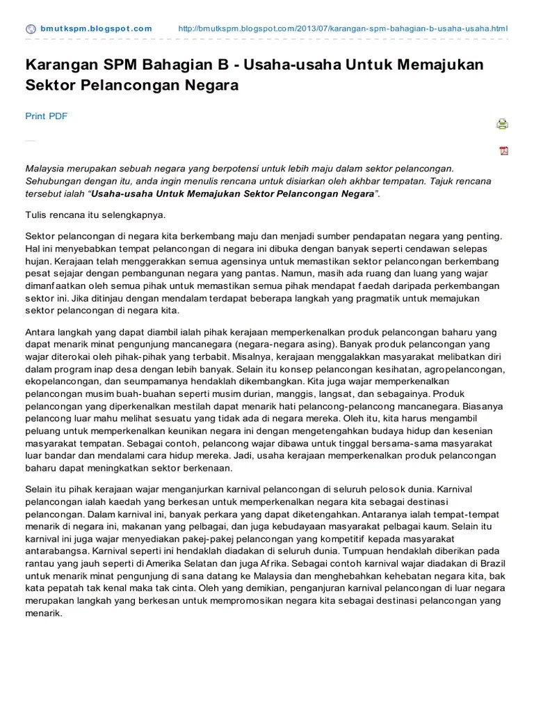 Contoh karangan rencana bahasa melayu spm: Karangan Spm Bahagian B Usahausaha Untuk Memajukan Sektor Pelancongan Negara Pdf