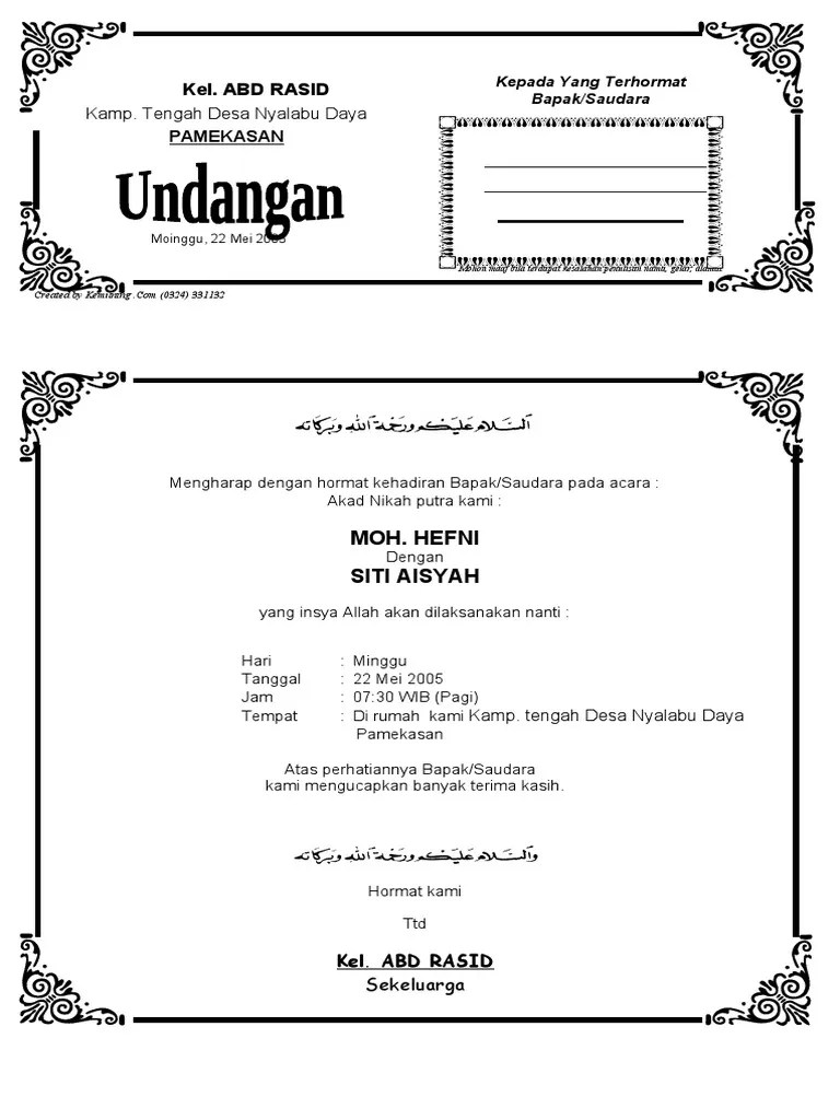 Menampilkan tanggal acara akad nikah serta tanggal acara resepsi pernikahan. Contoh Undangan Akad Nikah Pdf
