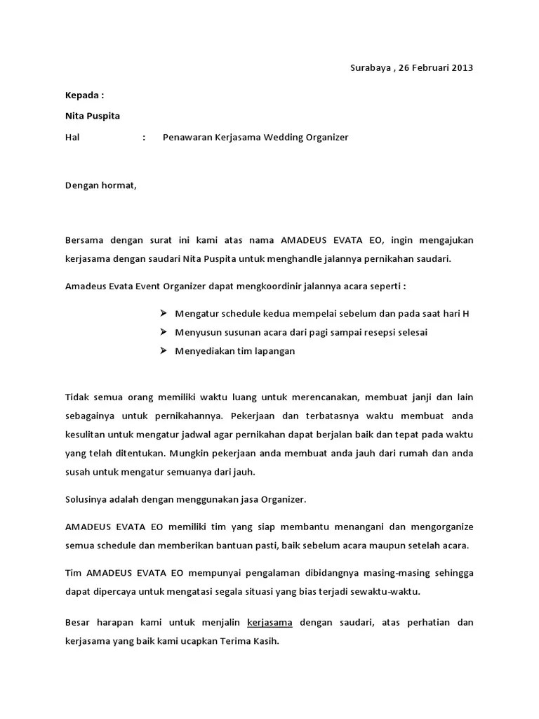 Berperanlah sebagai sekretaris sebuah wedding organizer lembaga. Surat Balasan Terhadap Surat Penawaran Wedding Organizer