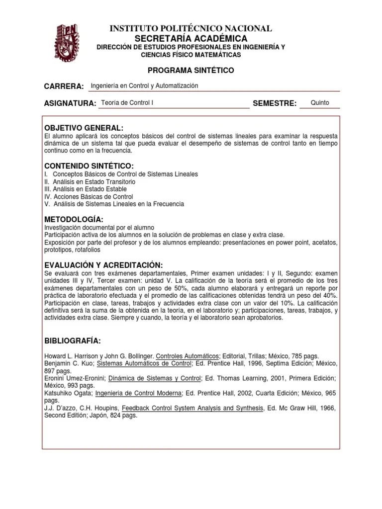 Teoria De Control I | PDF | Prueba (evaluación) | Sistema De Control