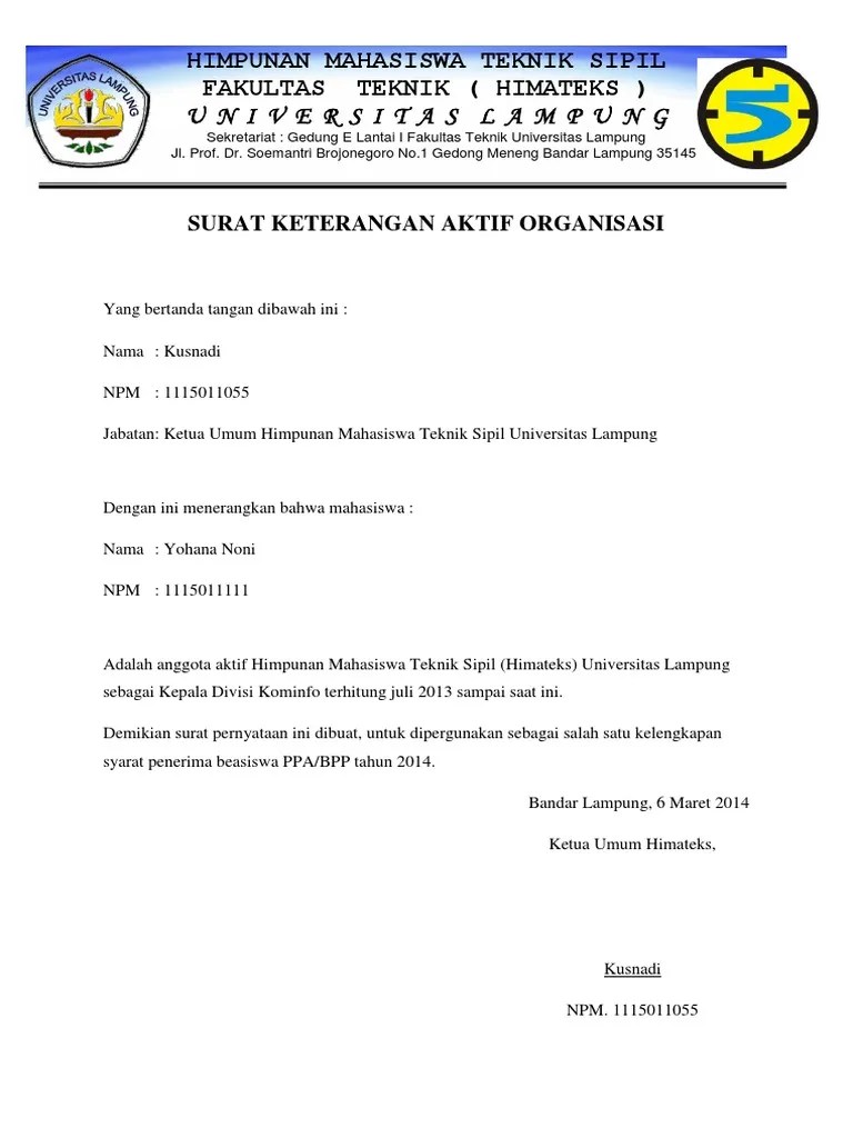 Surat keterangan aktif organisasi mahasiswa sastra. Contoh Surat Keterangan Aktif Organisasi