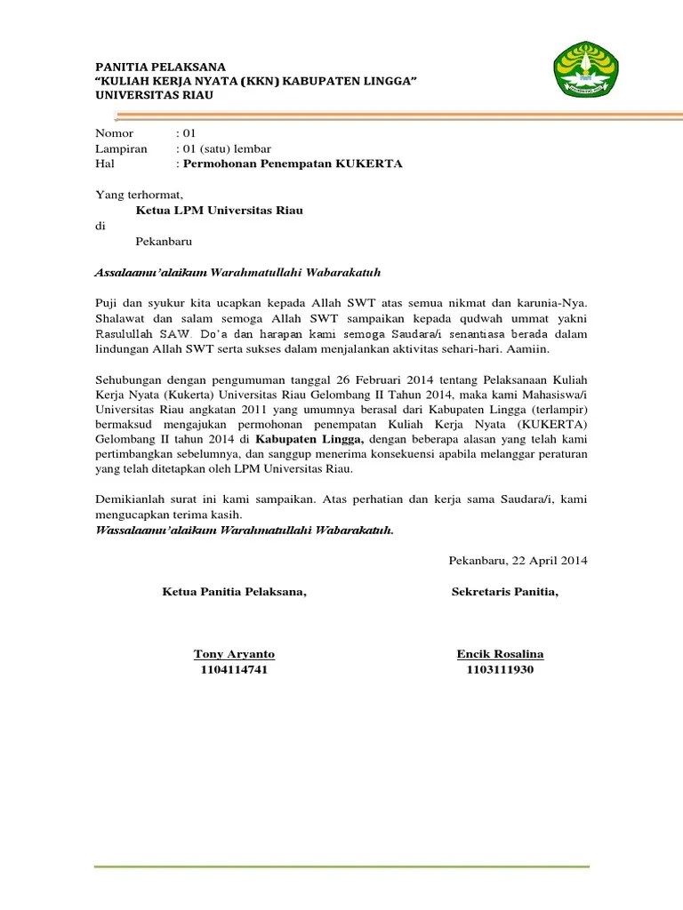 Bapak ketua bdi pertamina ru ii dumai . Surat Permohonan Kkn