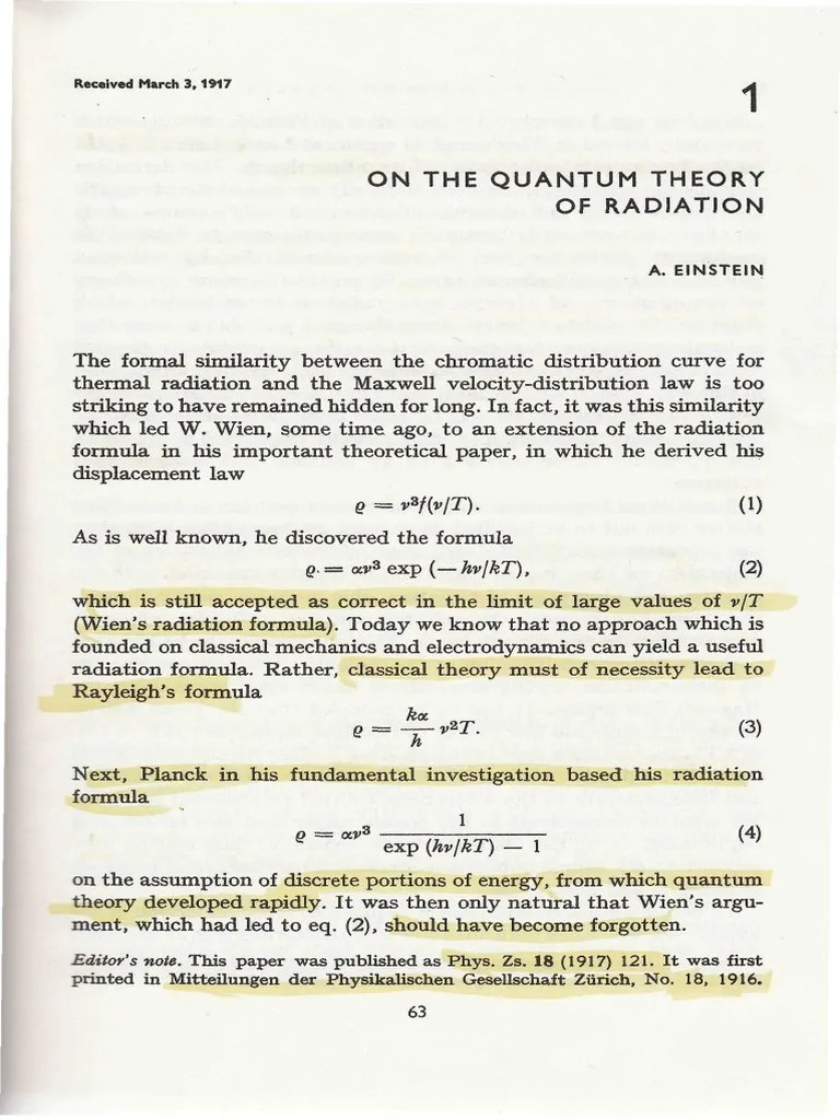 Einstein - On The Theory Of Radiation (1917) | PDF | Electromagnetic ...