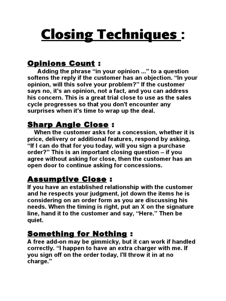 Closing Techniques | PDF | Sales | Corporate Jargon