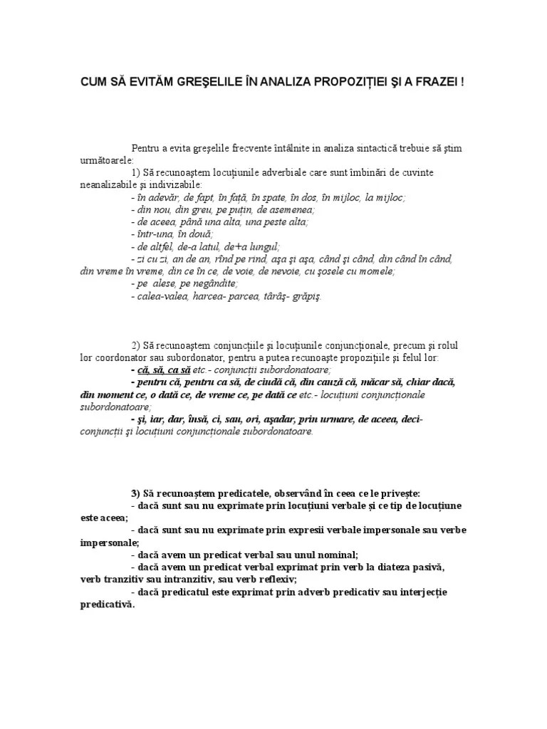 Sintaxa propoziţiei şi a frazei. Cum SÄƒ EvitÄƒm Greselile In Analiza PropoziÅ£iei Si A Frazei