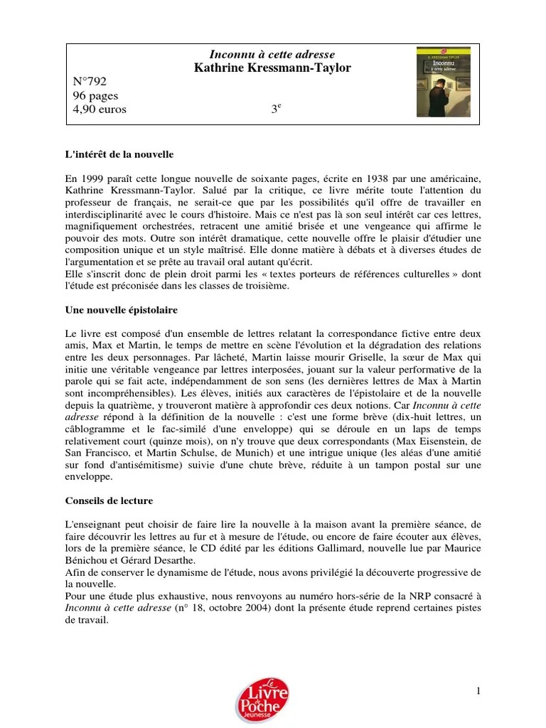 Fiche De Lecture Inconnu A Cette Adresse De Kathrine Kressmann Taylor Resume Plet Et Analyse Detaillee De L Oeuvre Sandrine Guiheneuf Lepetitlitteraire Fr Grand Format Place Des Libraires Max veut lui donner des nouvelles de la galerie dart quils ont fonde ensemble.