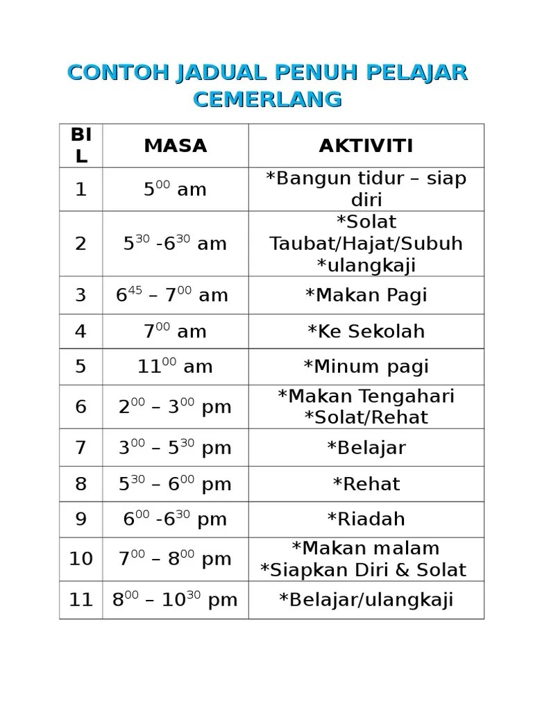 Click here untuk tips dan teknik belajar yang berkesan. Contoh Jadual Penuh Pelajar Cemerlang Pdf