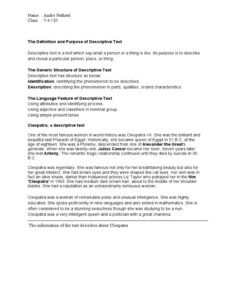 The Definition and Purpose of Descriptive Text | PDF | Cleopatra | Cognition