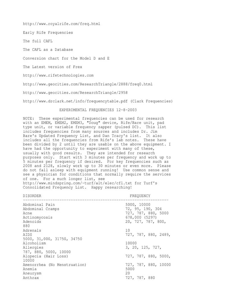 Rife Frequencies | PDF | Cancer | Rtt
