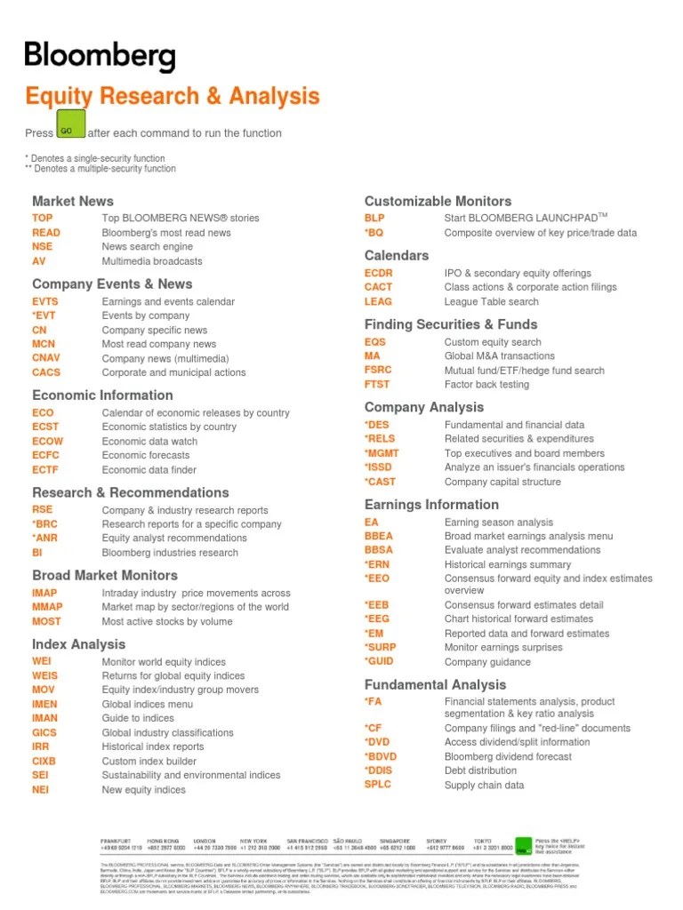 In order to analyze specific securities, you need to know how to enter the . Bloomberg Equity Research And Analysis Cheatsheet Pdf Stock Market Index Securities Research