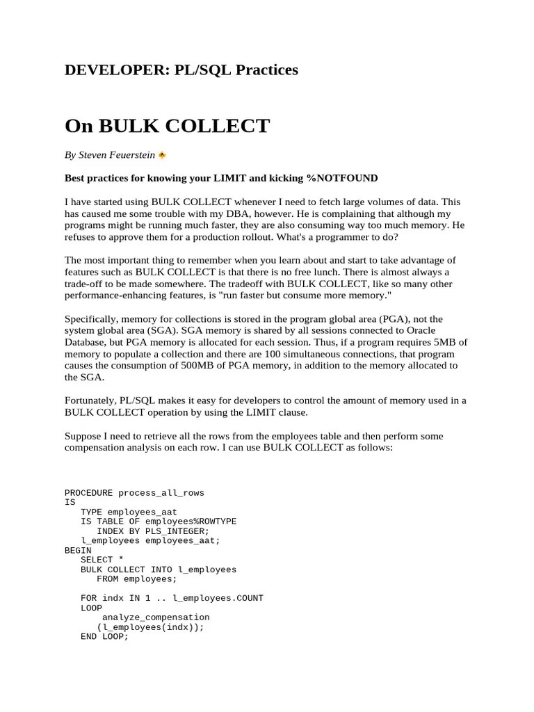 PL/SQL Bulk Collect | PDF | Control Flow | Pl/Sql
