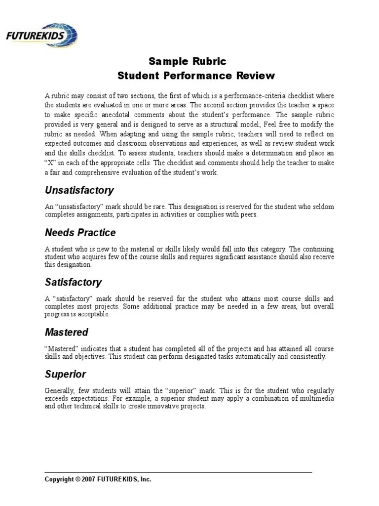 Sample Rubric Student Performance Review: Unsatisfactory | PDF | Rubric (Academic) | Applied ...