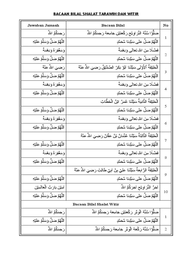 Bacaan bilal tarawih dilakukan oleh orang yang ditugaskan khusus saat pelaksanaan sholat tarawih. Bacaan Bilal Shalat Tarawih Dan Witir Pdf