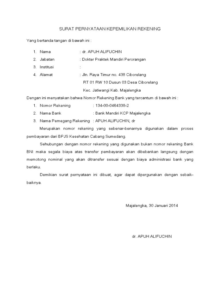Format 4 Surat Pernyataan Kepemilikan Buku Rekening 