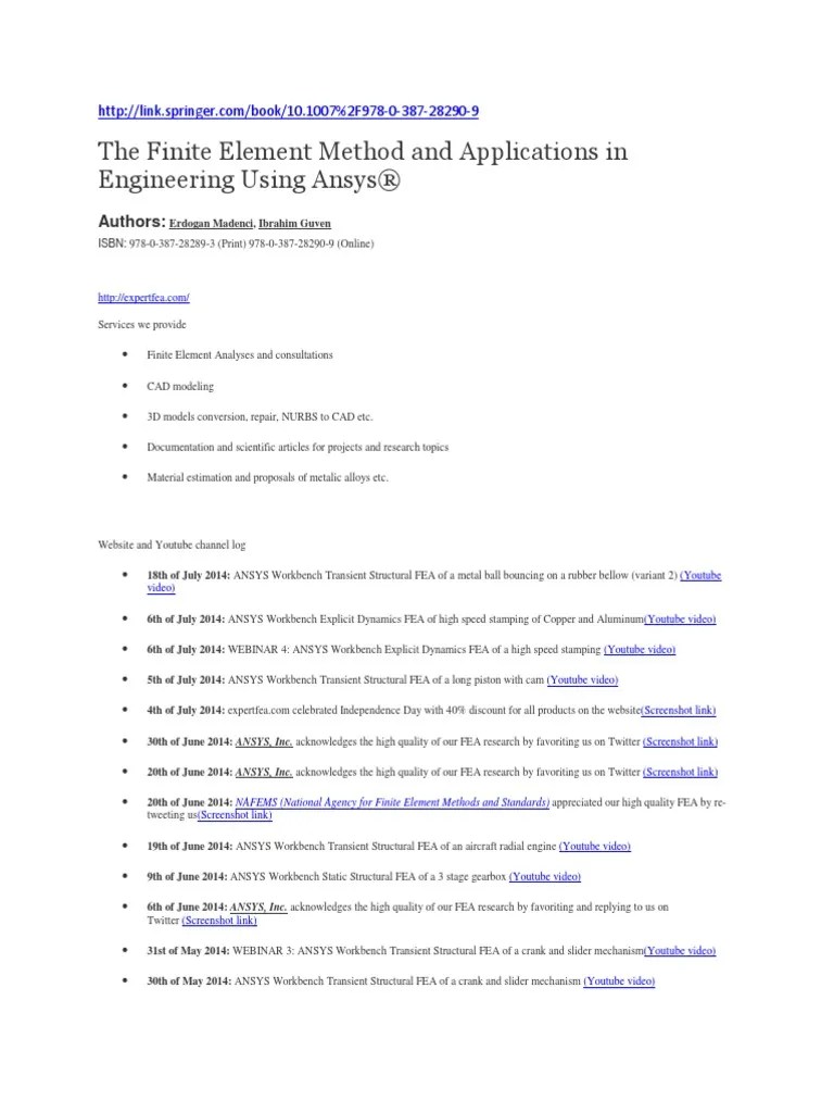 The Finite Element Method And Applications In Engineering Using Ansys ...