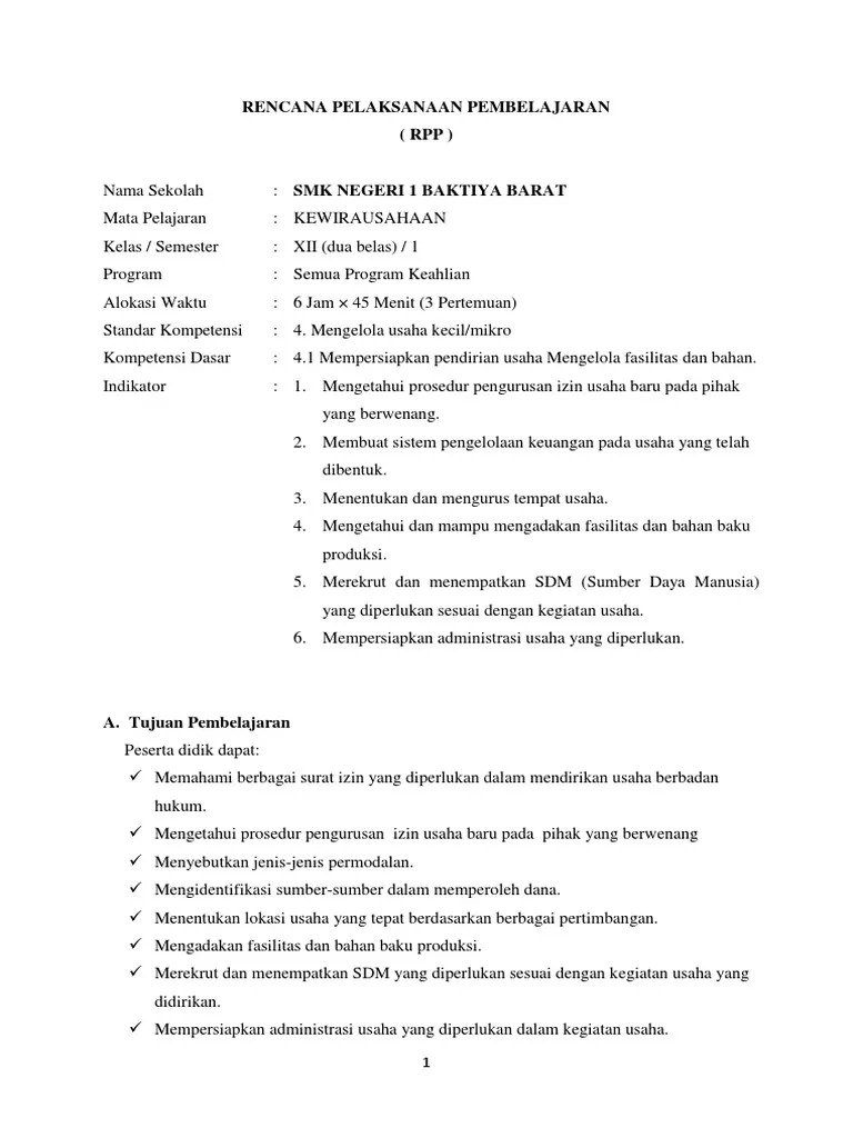 Rpp Kewirausahaan Kelas 3 Smk Sma Ktsp Pdf Aspek yang dinilai Teknik penilaian 1.