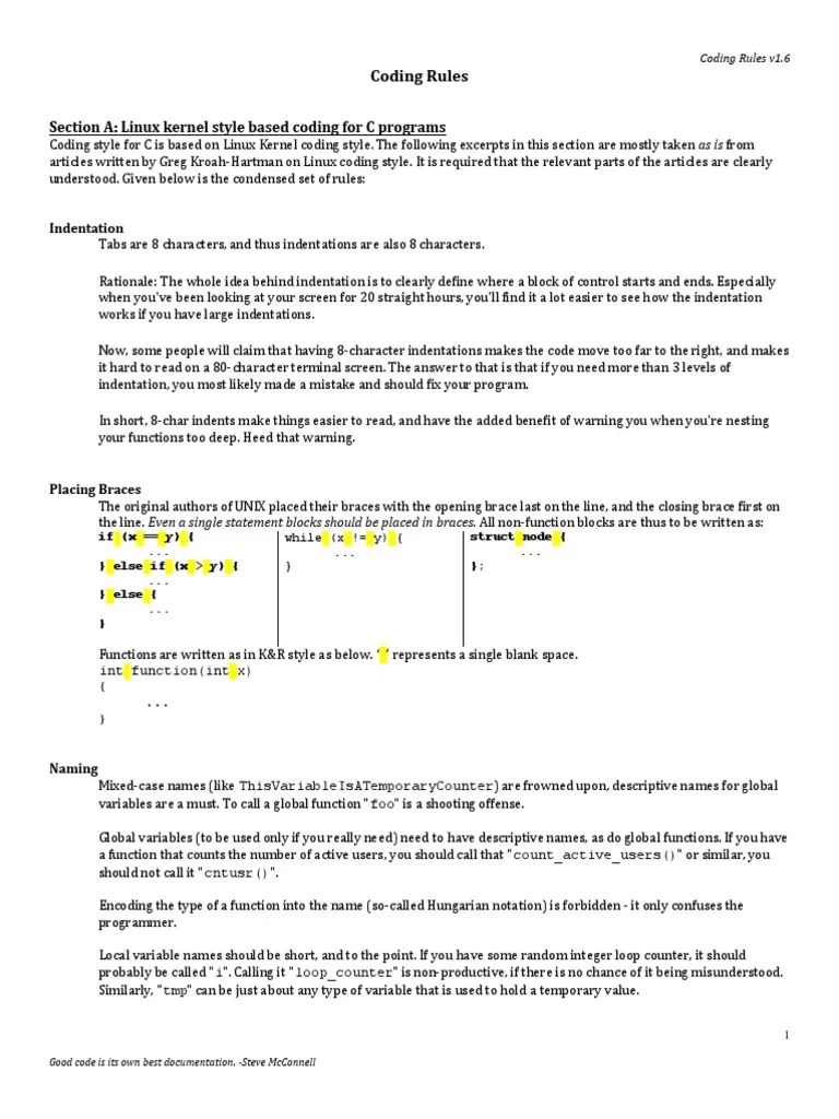 Coding Rules: Section A: Linux Kernel Style Based Coding For C Programs ...
