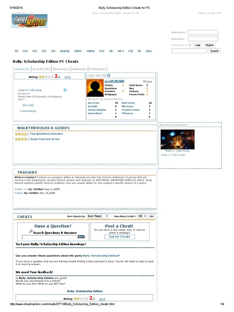 Bully anniversary edition apk download _v1.0.0.17 + (with cheat menu) for android game is very popular and thousand of gamers around the world download it . Bully Scholarship Edition Cheats For Pc Pdf Cheating In Video Games Leisure