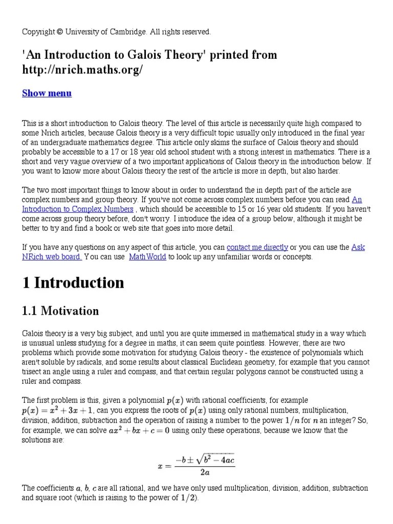 An Introduction To Galois Theory For High School Students | PDF | Field (Mathematics) | Group ...