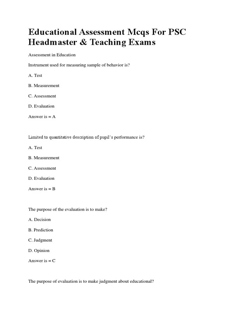 Educational Assessment Mcqs For PSC Headmaster | Download Free PDF | Educational Assessment ...