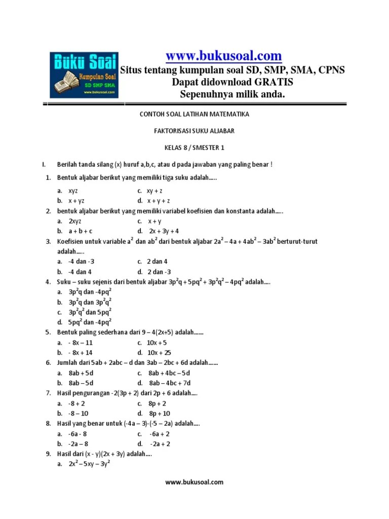 Keberagaman masyarakat indonesia dalam bingkai bhinneka tunggal ika. 1. Contoh Soal Latihan Matematika Faktorisasi Suku Aljabar ...