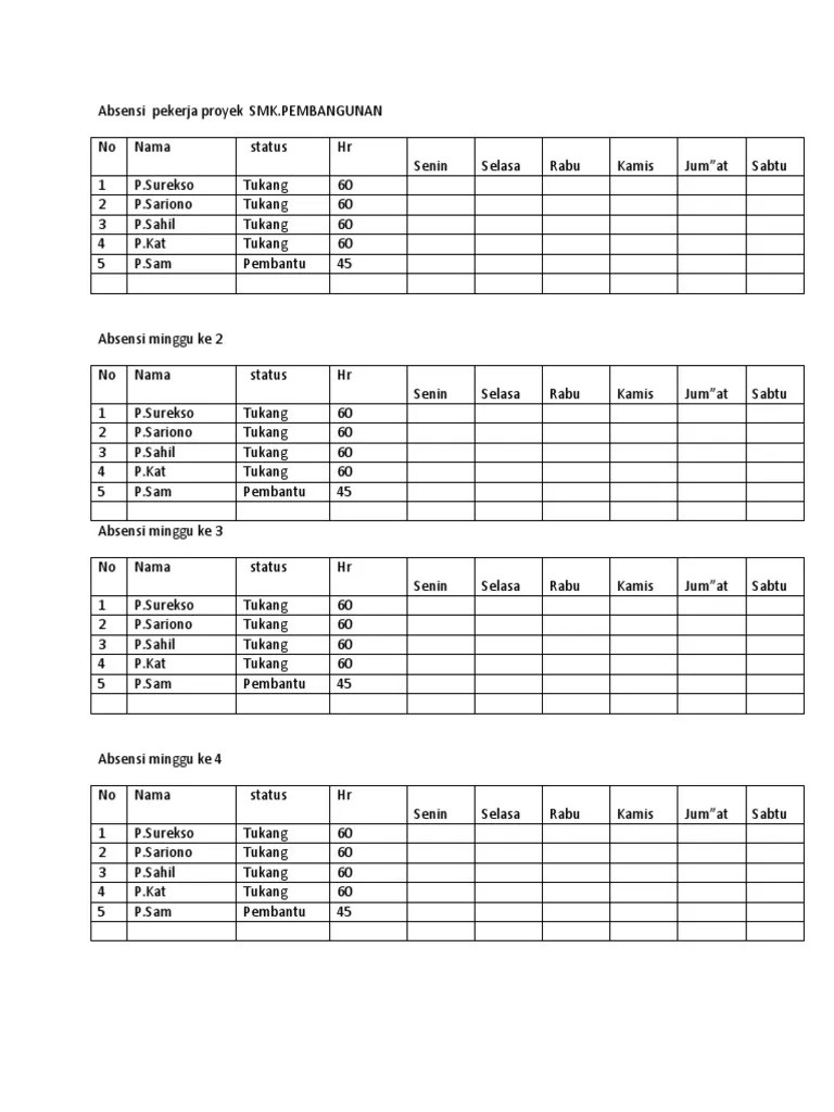 Berikut ini akan dibahas mengenai contoh format form absen, laporan absensi. Absensi Pekerja Proyek Smk Pdf